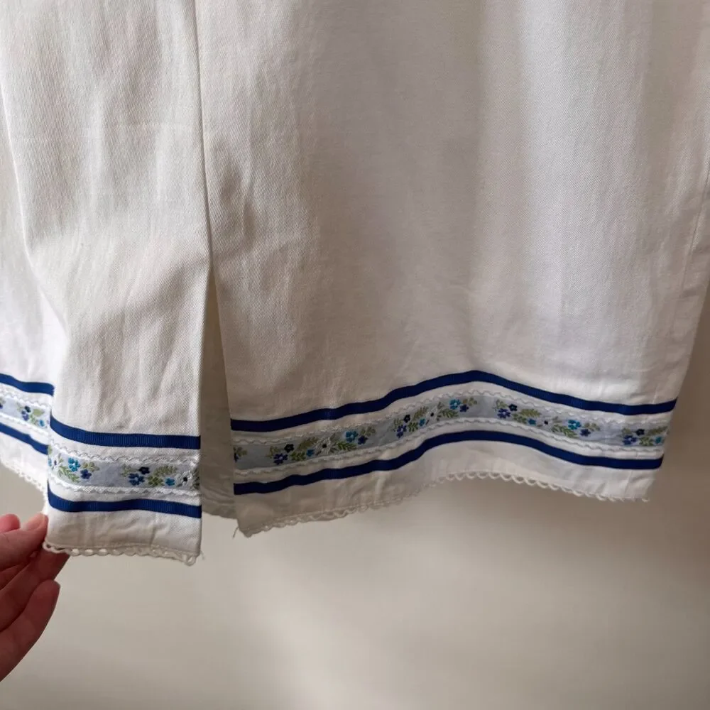 Ann Taylor LOFT White Dress with Blue Embroidered Hem Size 8